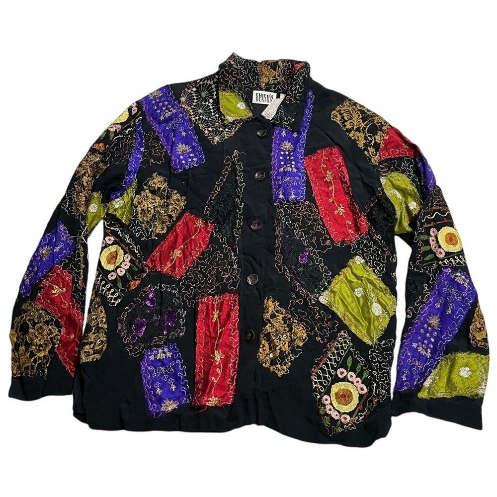 VTG Chico's Design Patchwork Lightweight Jacket Art-To-Wear Womens Sz 2 - Large